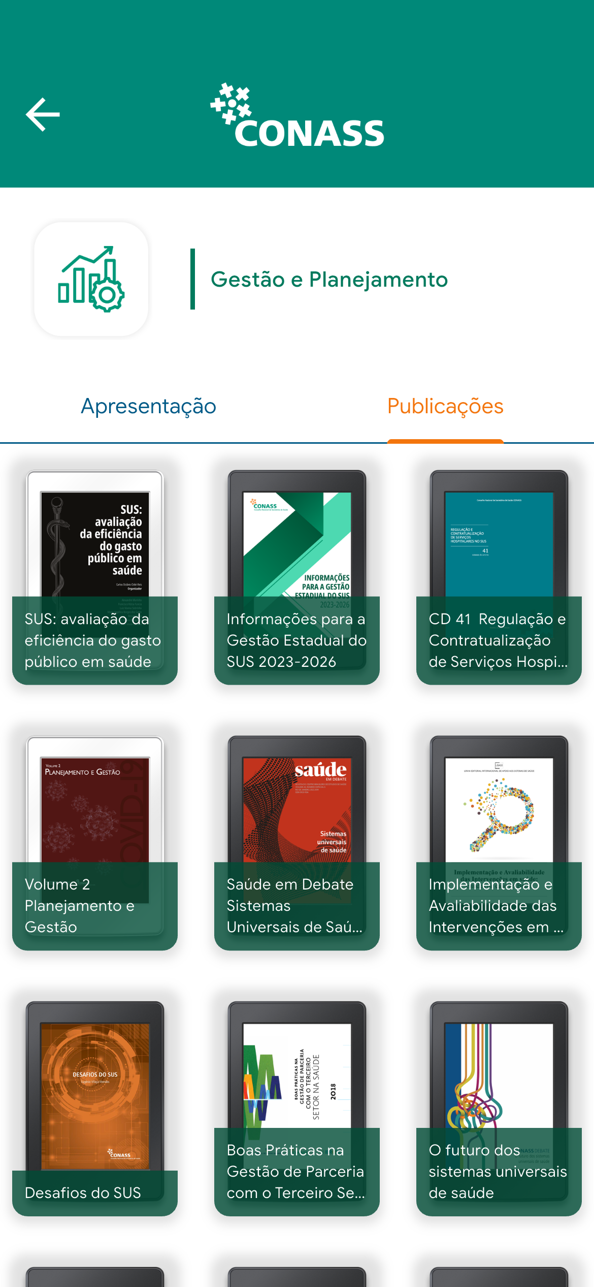 Tela do aplicativo Biblioteca de Publicações do CONASS