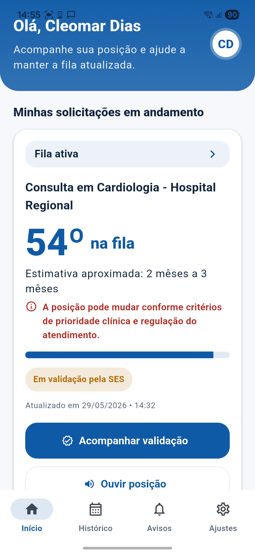 Tela do aplicativo de acompanhamento de fila do SUS